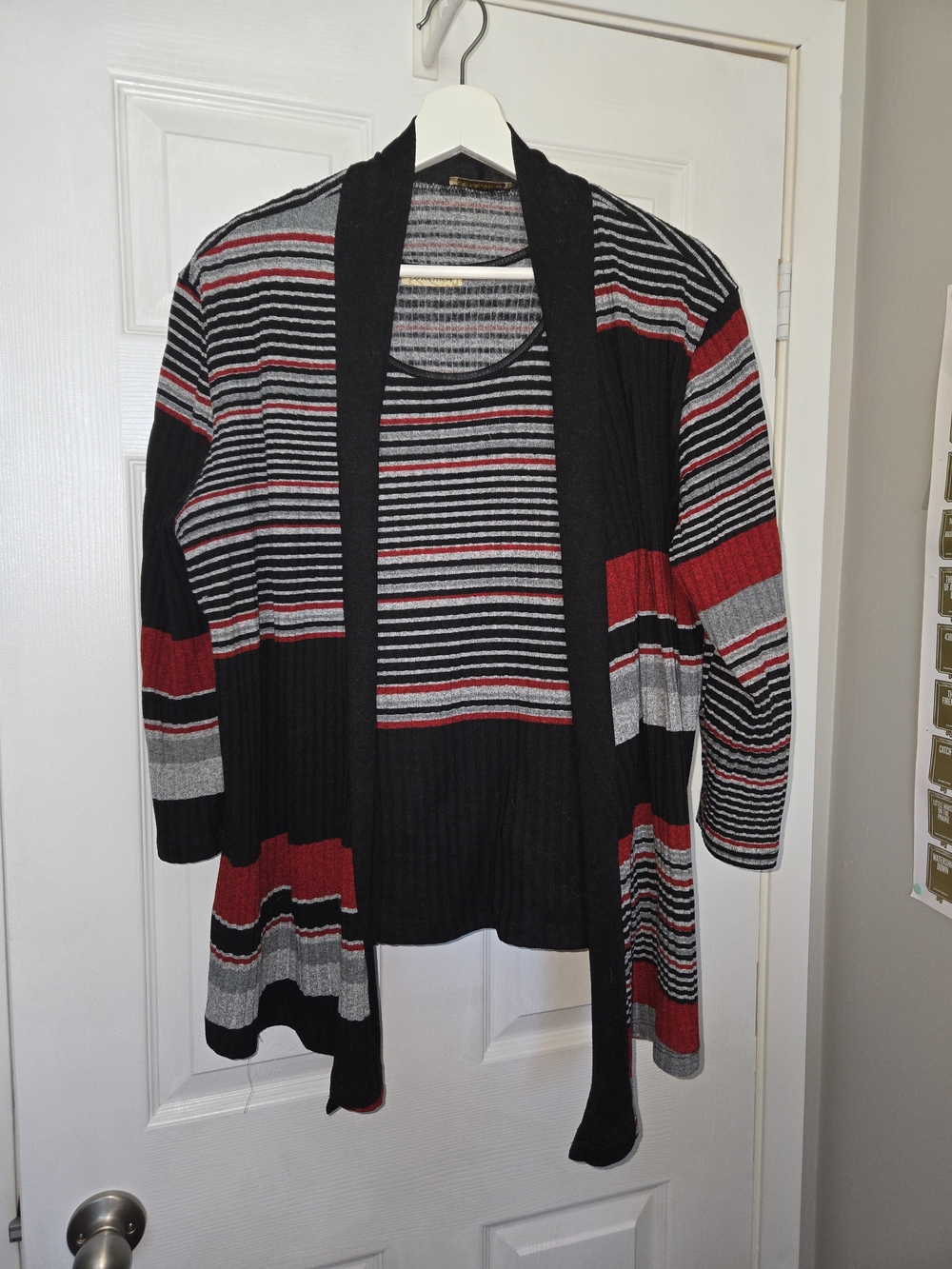 Open-Front Striped Cardigan Sweater And Tank Top in Black, Red & Gray